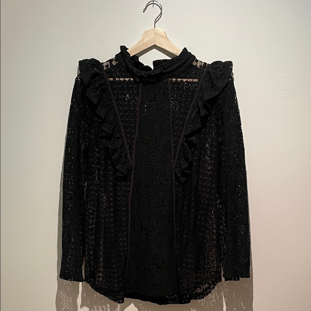 Suzanne Betro Beautiful Black Lace Ruffle Long-Sleeve Tunic NWOT